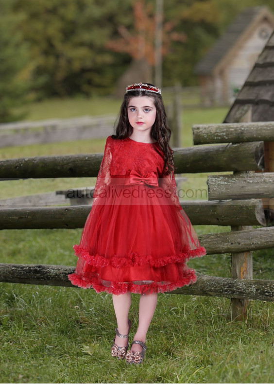 Red Lace Tulle Frill Stylish Flower Girl Dress